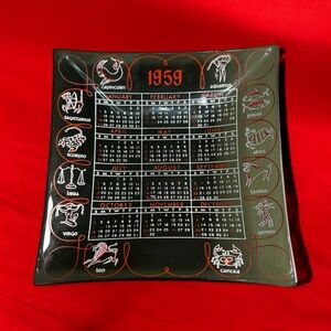 Vintage 1959 Horoscope Calendar Smoky Glass Trinket Dish Ash Tray- Red & White